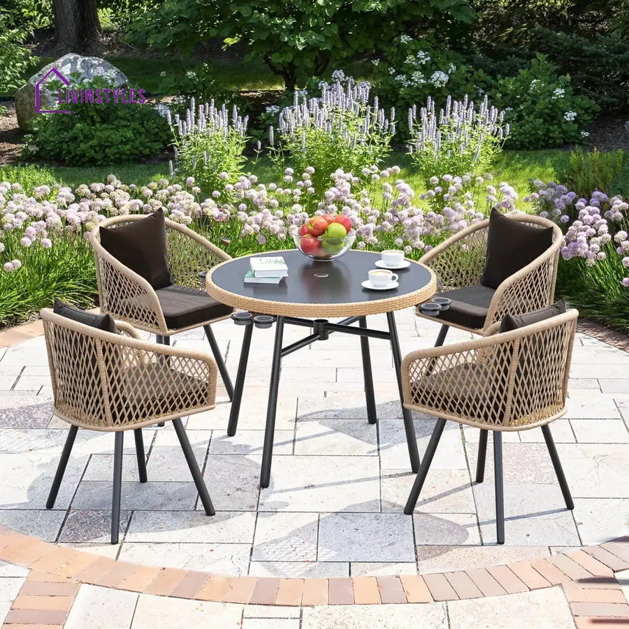 Mitra Outdoor Patio Seating Set 4 Chairs And 1 Table (Tan + Black) Coffee Sets