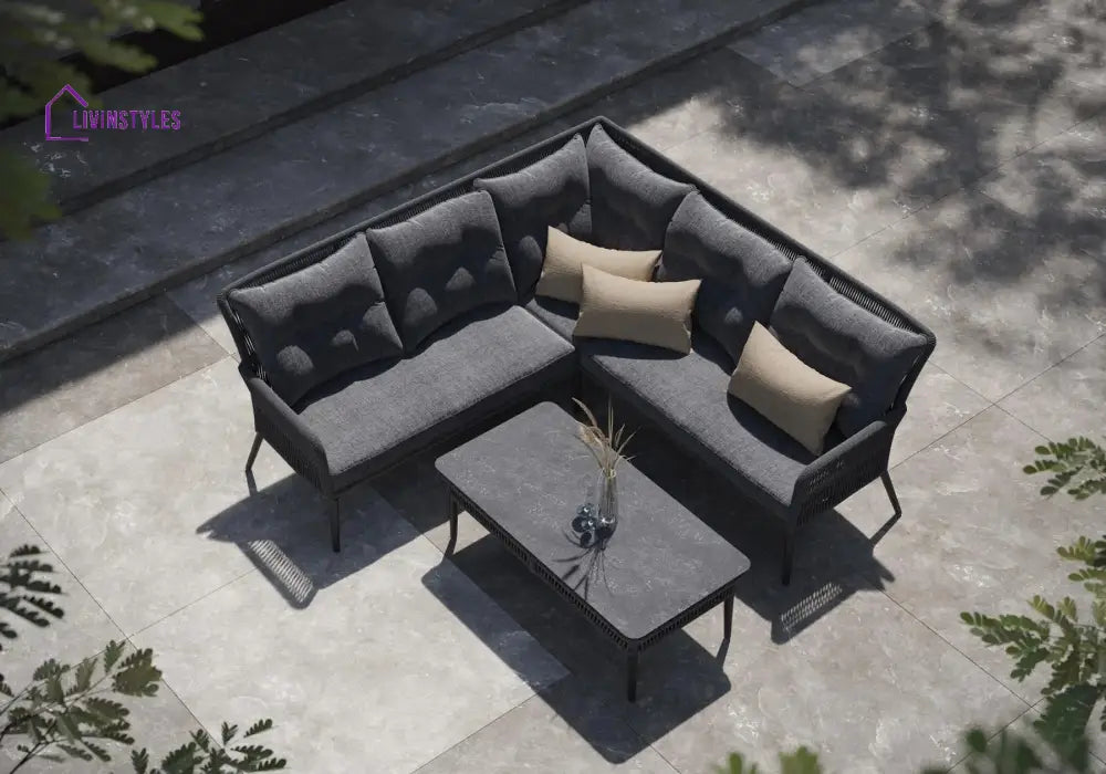 Mitya Outdoor Garden Balcony Sofa Set 5 Seater and 1 Center Table Set Braid & Rope (Dark + Grey) - Sofa Sets