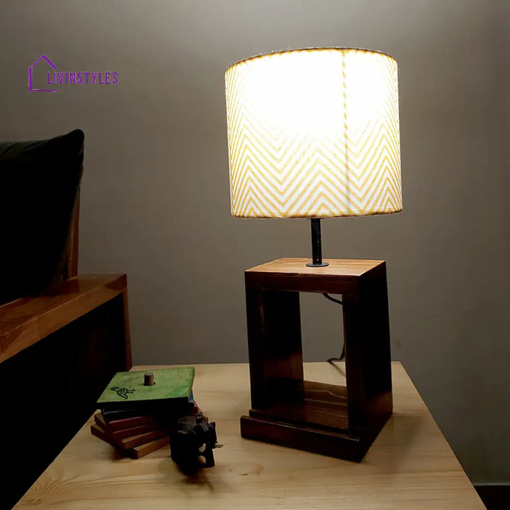 Moby Brown Wooden Table Lamp With Yellow Printed Fabric Lampshade Lamps