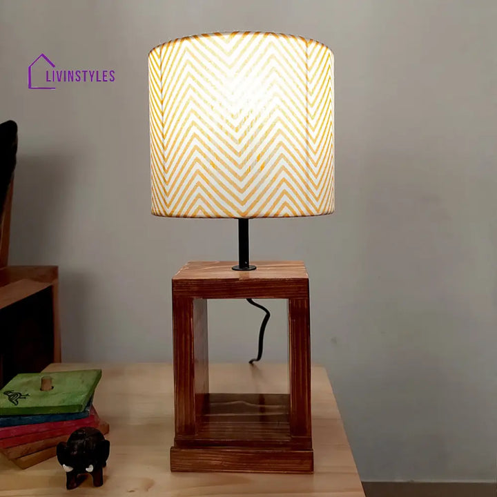 Moby Brown Wooden Table Lamp With Yellow Printed Fabric Lampshade Lamps