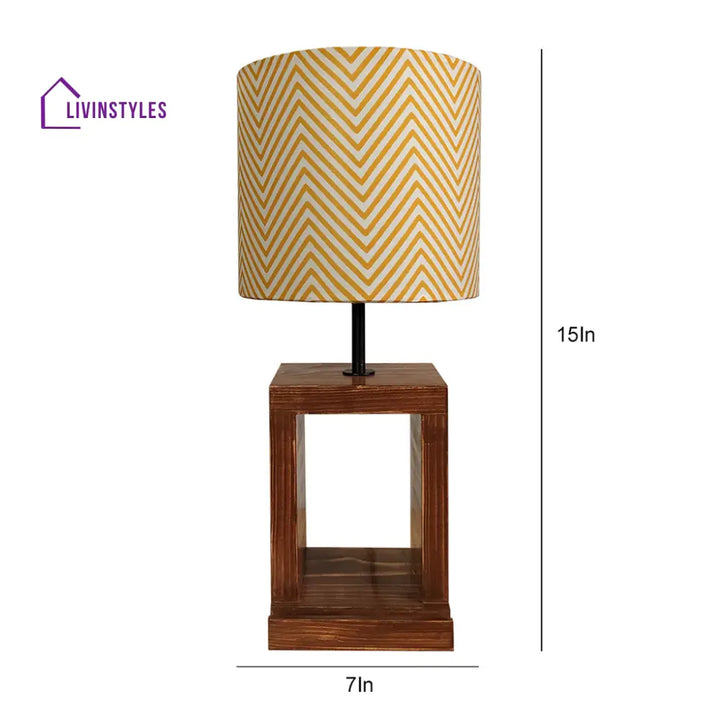 Moby Brown Wooden Table Lamp With Yellow Printed Fabric Lampshade Lamps