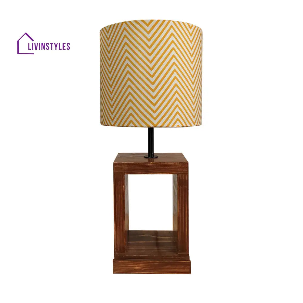Moby Brown Wooden Table Lamp With Yellow Printed Fabric Lampshade Lamps
