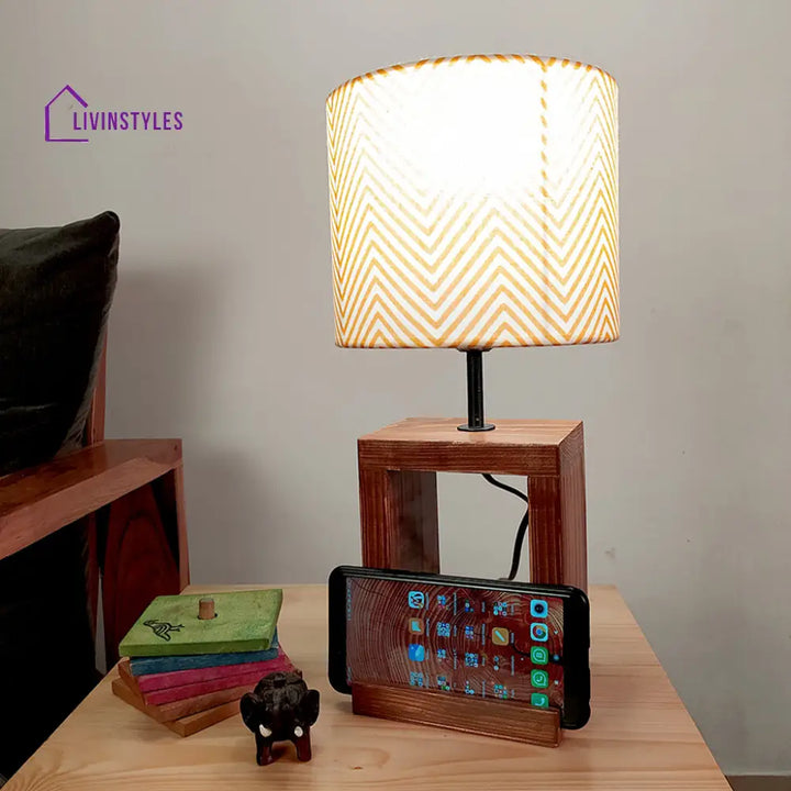 Moby Brown Wooden Table Lamp With Yellow Printed Fabric Lampshade Lamps
