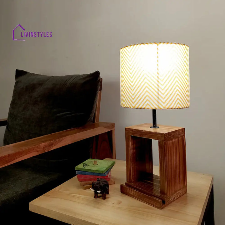 Moby Brown Wooden Table Lamp With Yellow Printed Fabric Lampshade Lamps