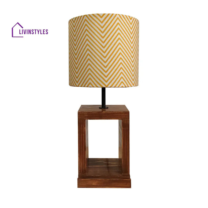Moby Brown Wooden Table Lamp With Yellow Printed Fabric Lampshade Lamps