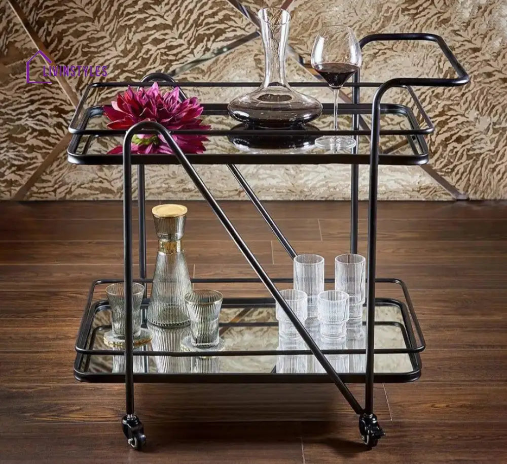 Modern Black Iron Trolley With Glass Top - 2 Tier Bar Cart Serving Trays
