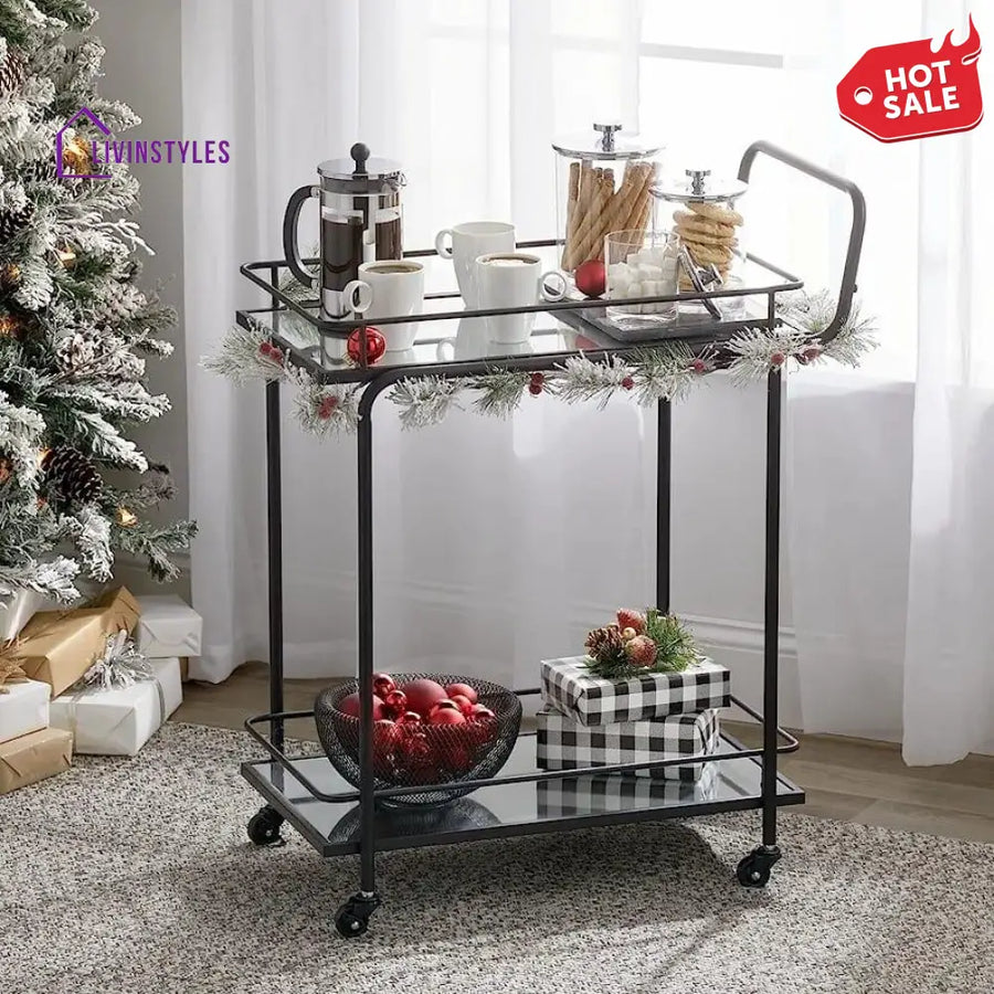 Modern Black Iron Trolley with Glass Top