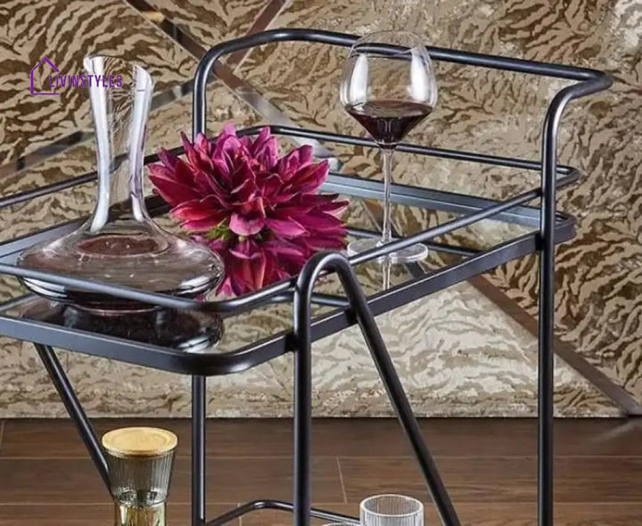 Modern Black Iron Trolley With Glass Top - 2 Tier Bar Cart Serving Trays