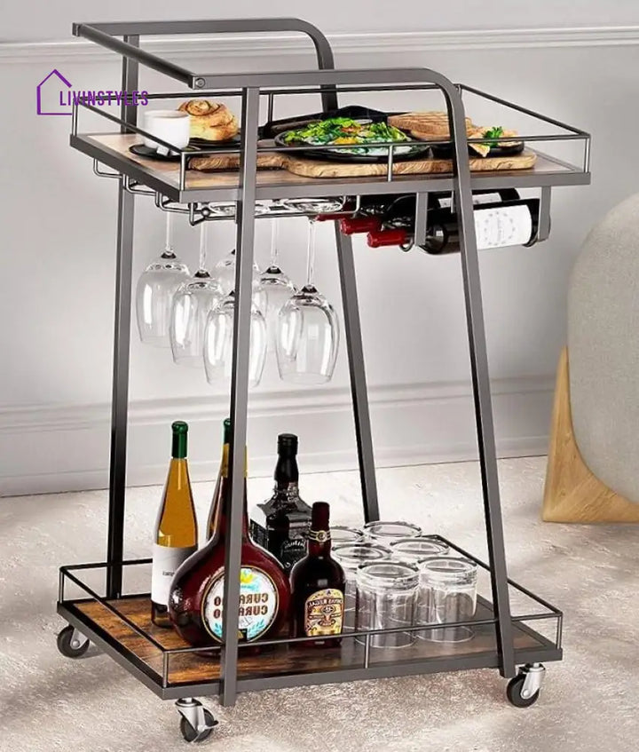Modern Black Iron Trolley With Wooden Top - 2 Tier Bar Cart Serving Trays