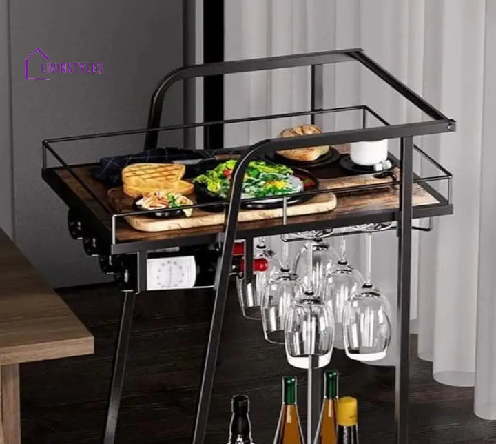 Modern Black Iron Trolley With Wooden Top - 2 Tier Bar Cart Serving Trays