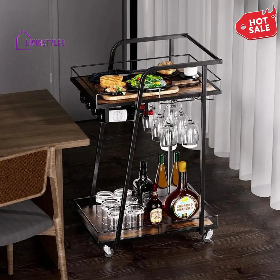 Modern Black Iron Trolley with Wooden Top