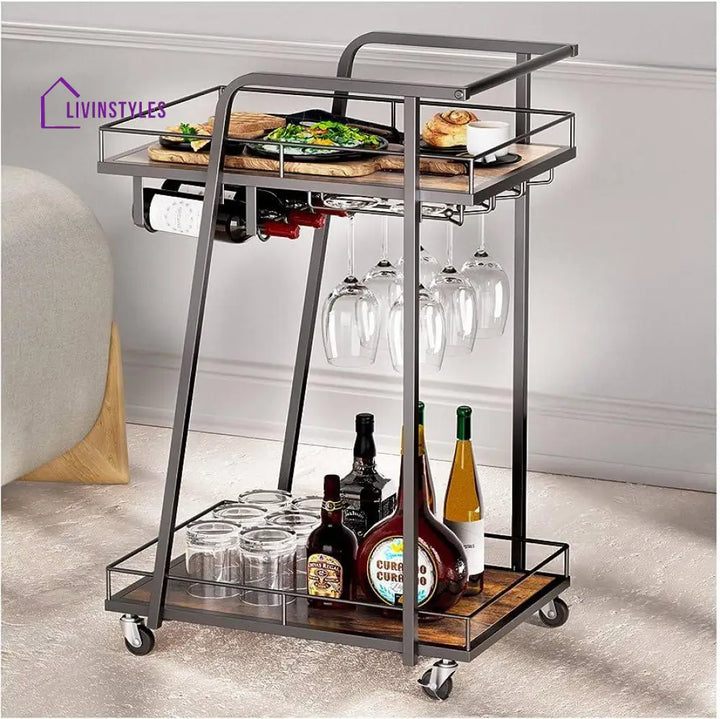Modern Black Iron Trolley With Wooden Top - 2 Tier Bar Cart Serving Trays