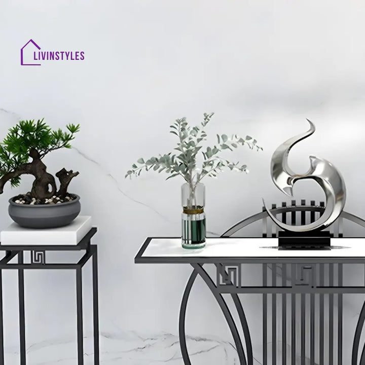 Modern Contemporary White Marble Black Console Table Table