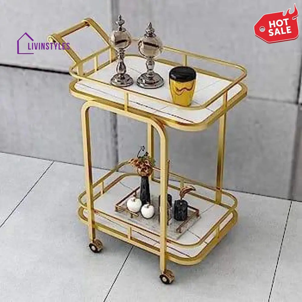 Modern Golden Iron Rectangle Trolley with White Marble Top - Front View
