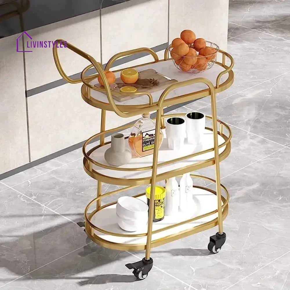 Modern Golden Iron Trolley With White Marble Top - 3 Tier Bar Cart Serving Trays