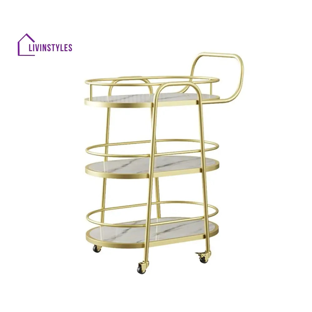 Modern Golden Oval Trolley With White Marble Top - 3 Tier Bar Cart Serving Trays