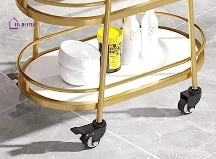 Modern Golden Oval Trolley With White Marble Top - 3 Tier Bar Cart Serving Trays