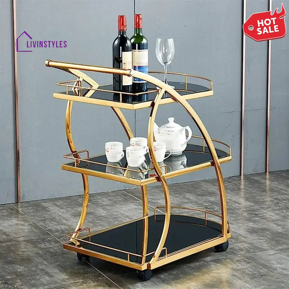 Modern Golden Trolley with Black Glass Top