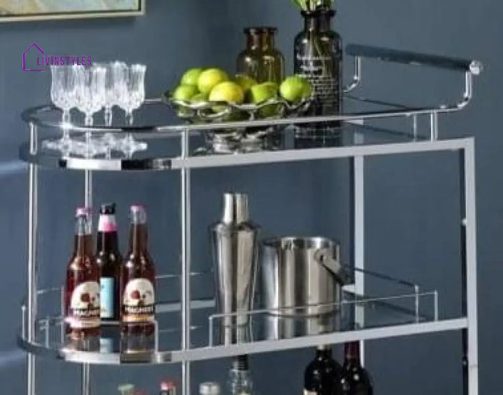 Modern Nickel Tone Stainless Steel Oval Trolley With Glass And Marble Shelves Serving Trays