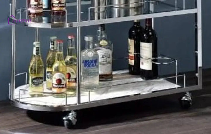 Modern Nickel Tone Stainless Steel Oval Trolley With Glass And Marble Shelves Serving Trays