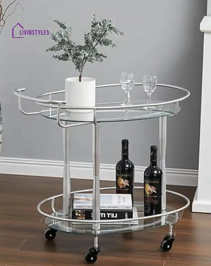 Modern Oval Iron Trolley With Clear Glass Top - 2 Tier Bar Cart Serving Trays