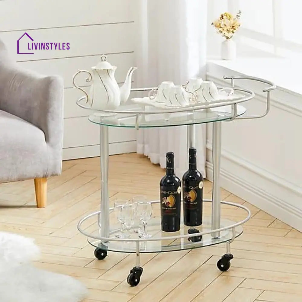 Modern Oval Iron Trolley With Clear Glass Top - 2 Tier Bar Cart Serving Trays
