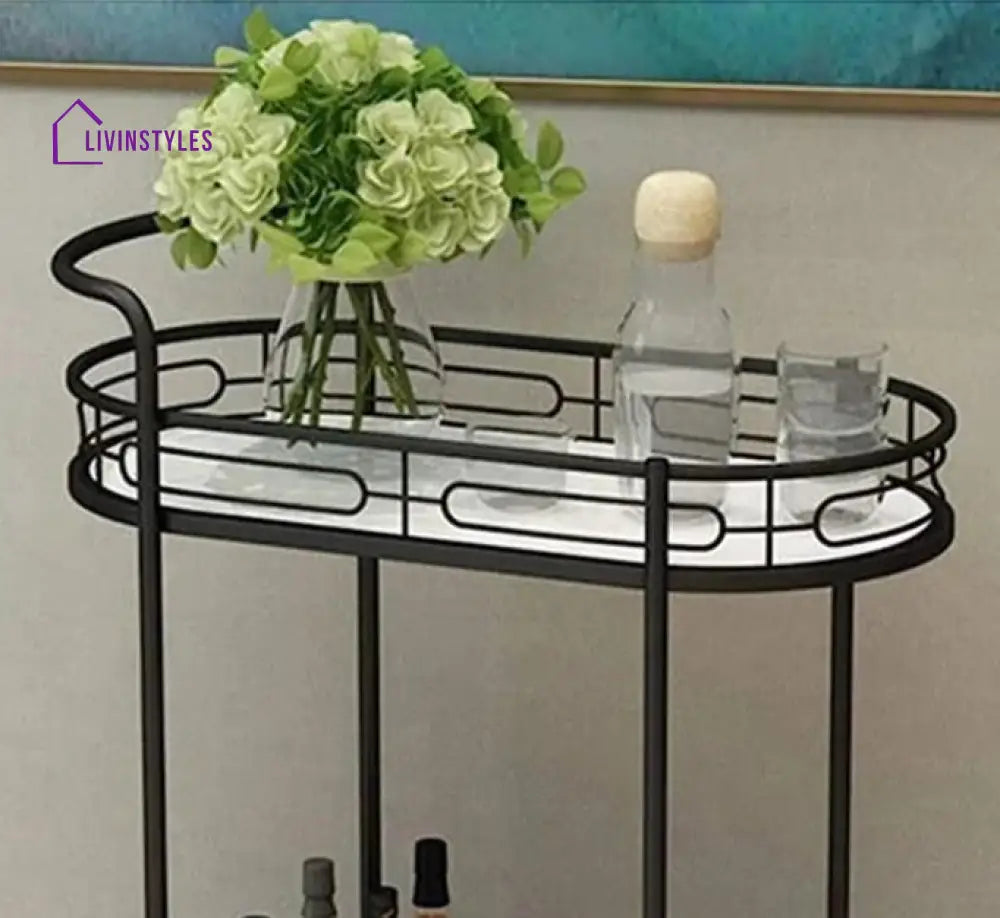 Modern Oval Iron Trolley With White Marble Top - 2 Tier Bar Cart Serving Trays