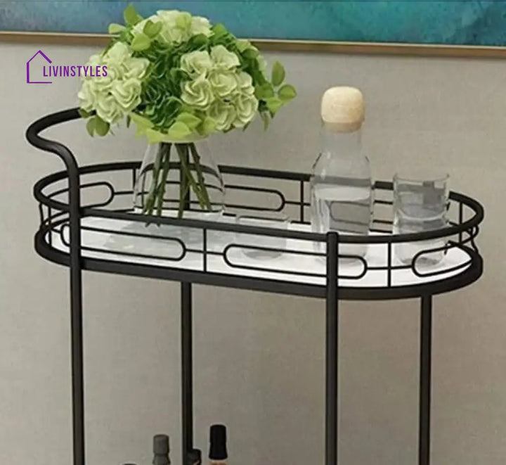 Modern Oval Iron Trolley With White Marble Top - 2 Tier Bar Cart Serving Trays