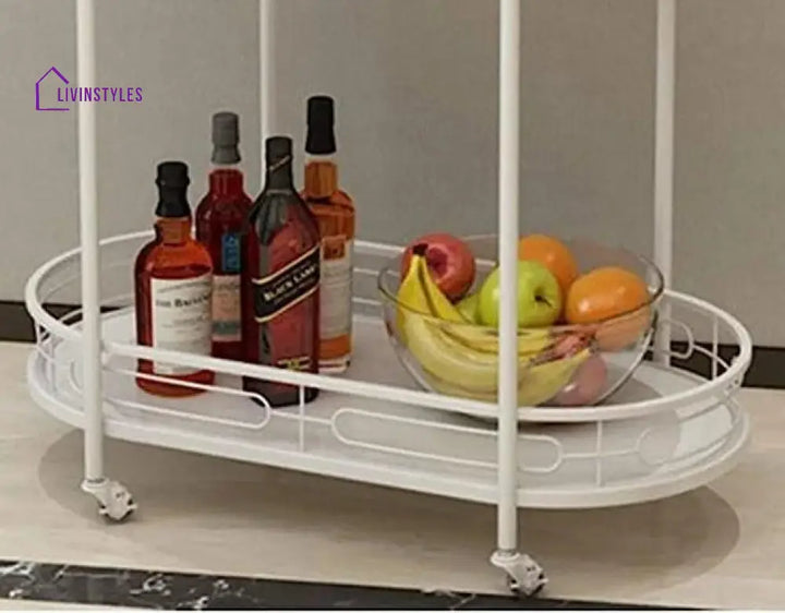 Modern Oval Iron Trolley With White Marble Top - 2 Tier Bar Cart Serving Trays