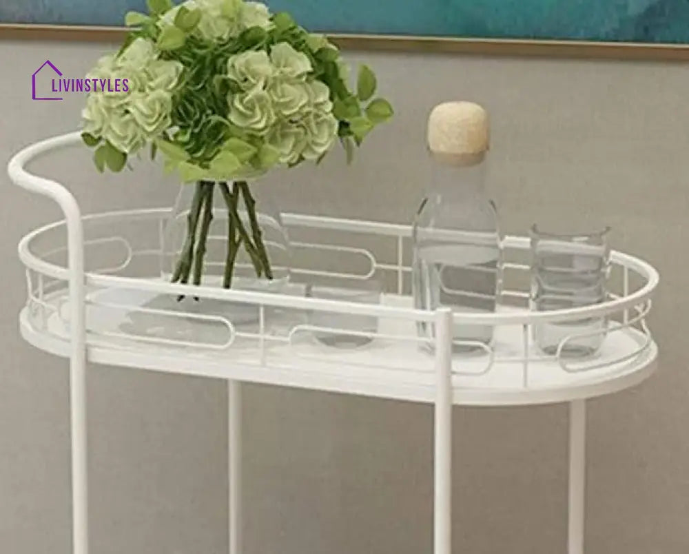 Modern Oval Iron Trolley With White Marble Top - 2 Tier Bar Cart Serving Trays