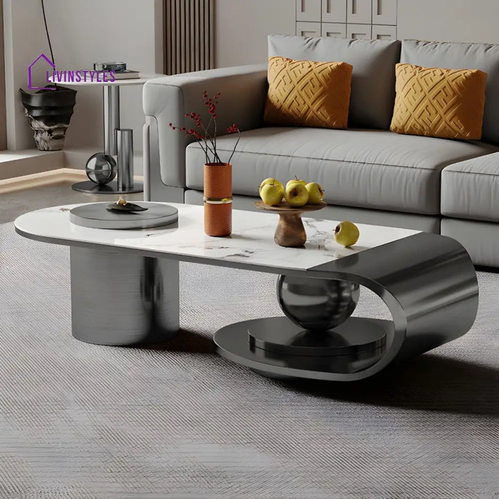 Modern Stainless Steel Coffee Table with Marble Top Tea Table - Black