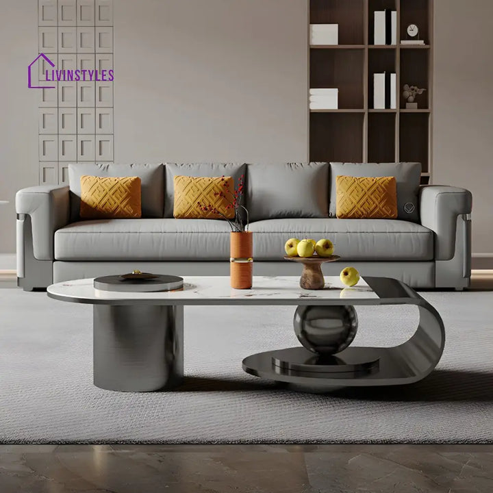 Modern Stainless Steel Coffee Table with Marble Top Tea Table - Black