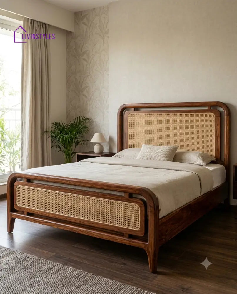 Mohan Wooden Bed with Cane Weaving Headboard Design | Bed without Storage