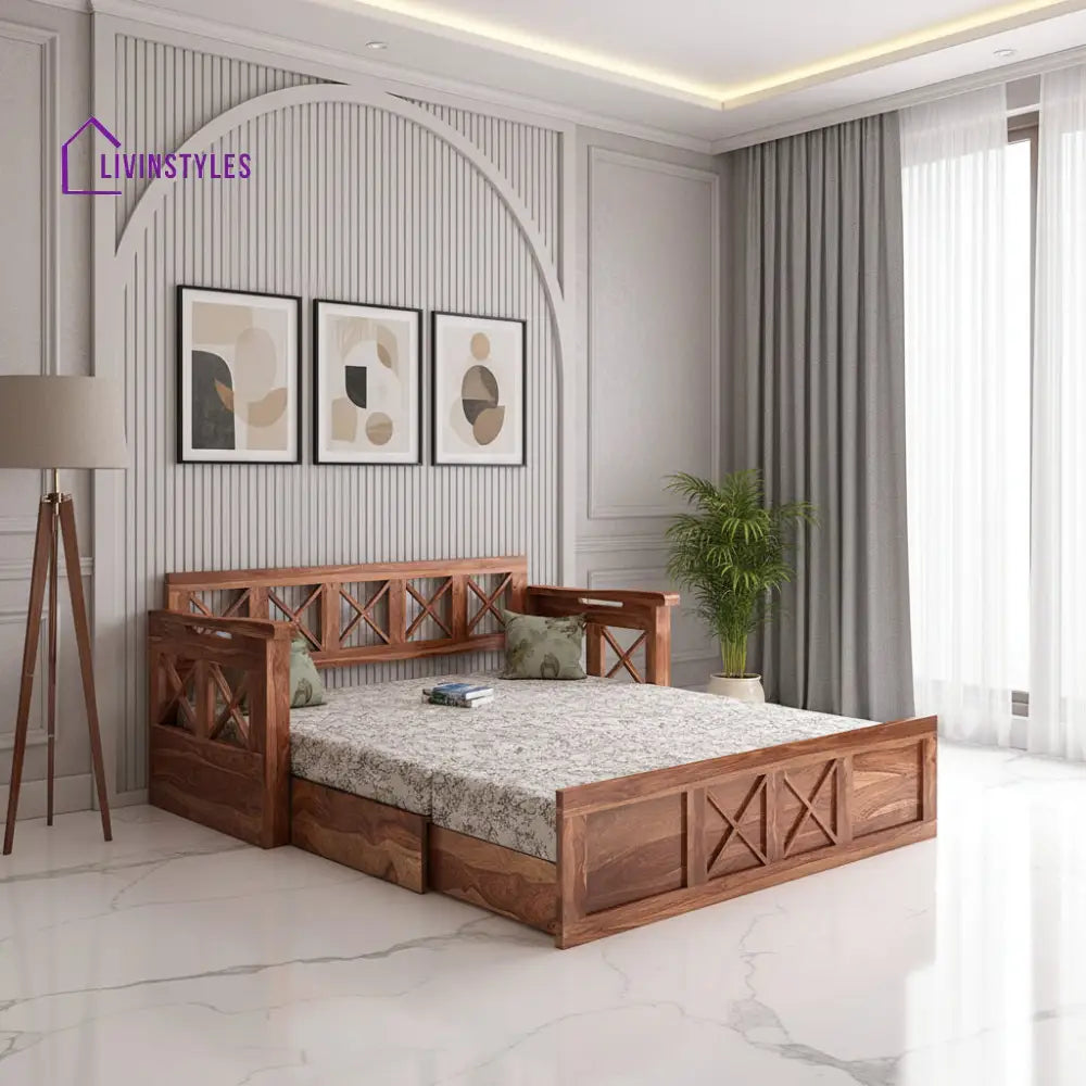 Mohira Wooden Sofa Cum Bed for Living Room Home (Sheesham Wood) - Brown - Sofa Cum Bed