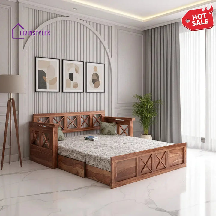 Mohira Wooden Sofa Cum Bed for Living Room Home (Sheesham Wood) - Brown - Sofa Cum Bed
