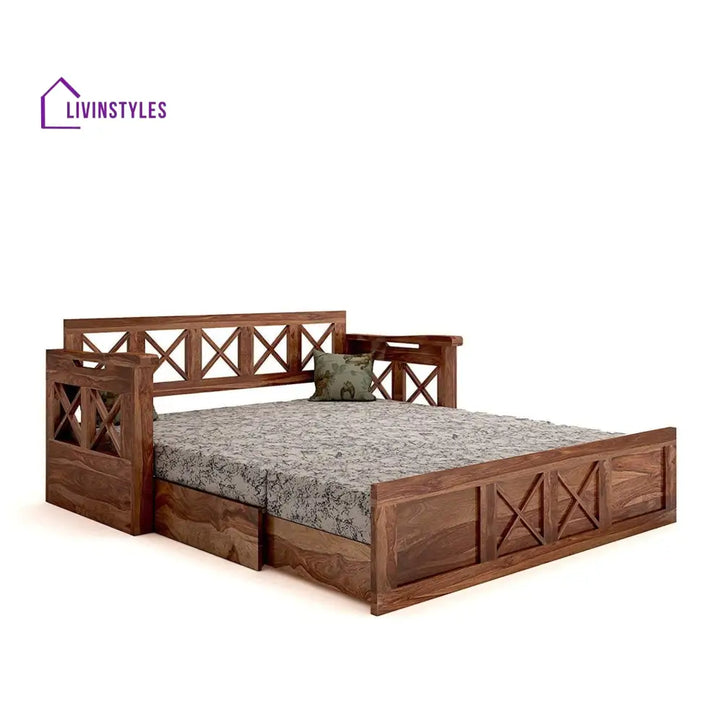Mohira Wooden Sofa Cum Bed for Living Room Home (Sheesham Wood) - Brown - Sofa Cum Bed