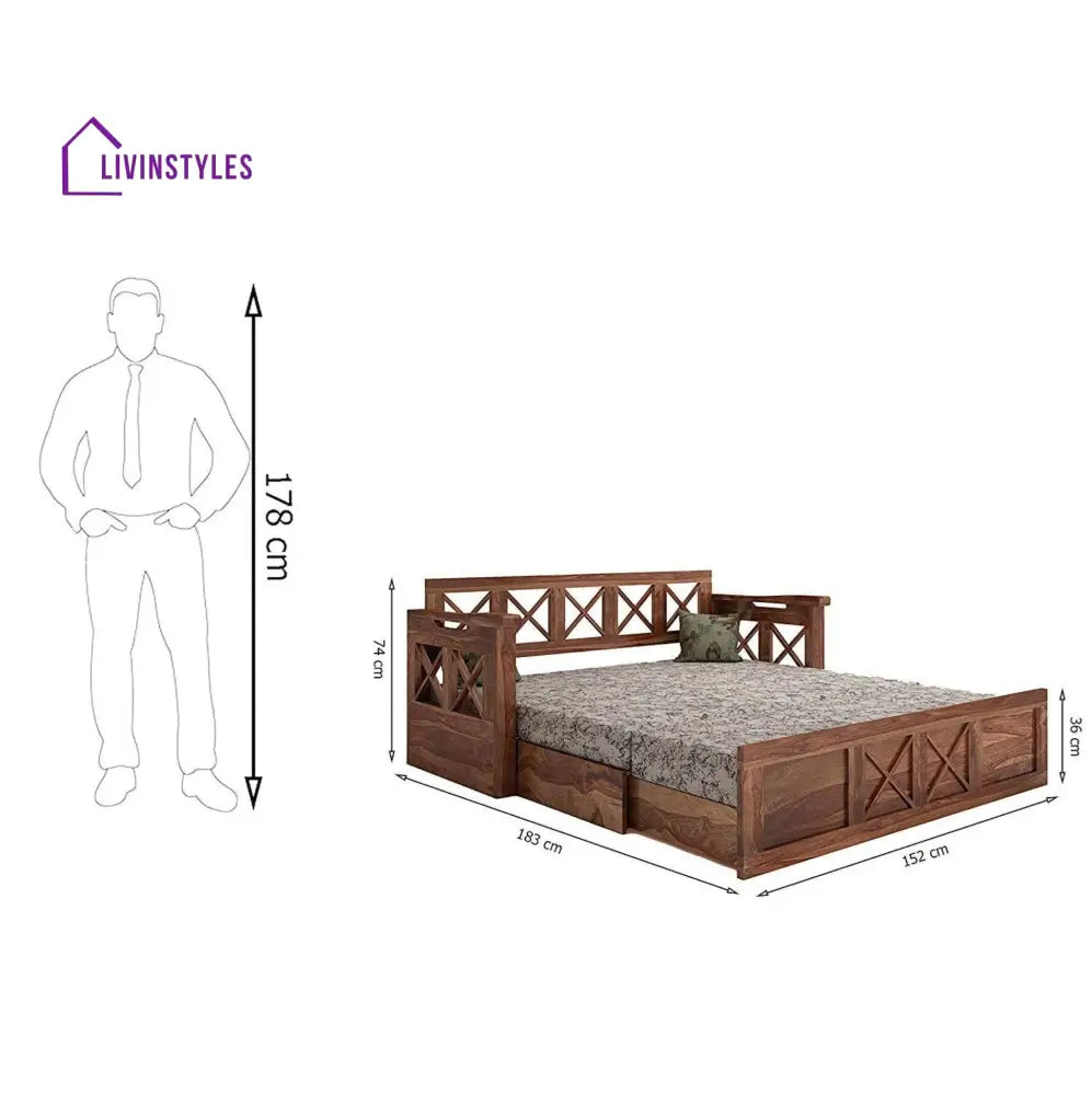 Mohira Wooden Sofa Cum Bed for Living Room Home (Sheesham Wood) - Brown - Sofa Cum Bed