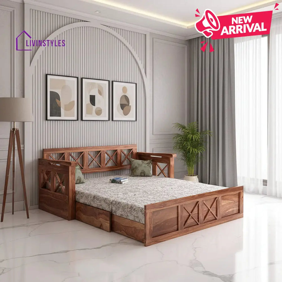 Mohira Wooden Sofa Cum Bed for Living Room Home (Sheesham Wood) - Brown - Sofa Cum Bed
