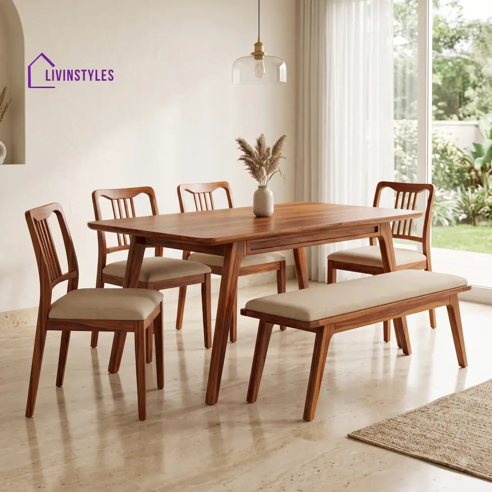 Mojisola Wooden 6 Seater Dining Table Set | 4 Chairs and 1 Bench | Table 72 X 36 X 30 Inch