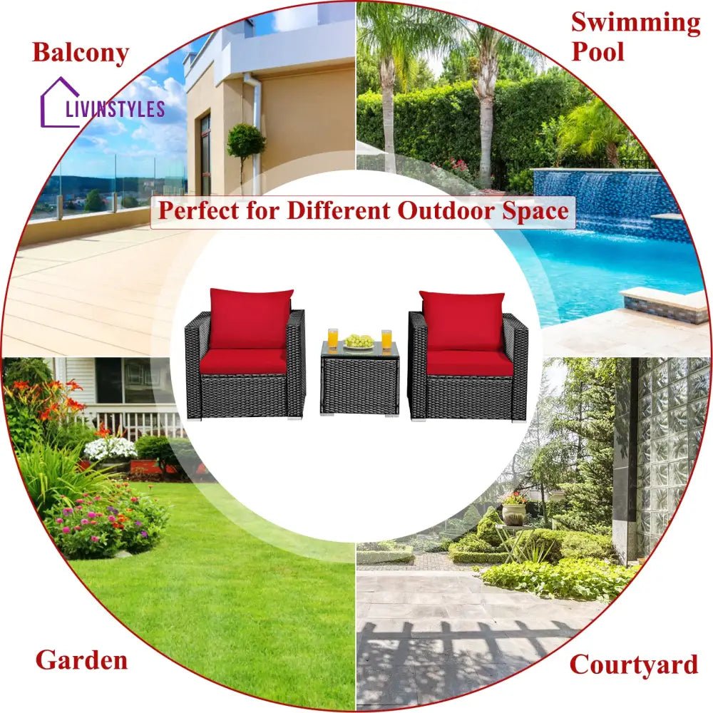 Monaldo Outdoor Sofa Set 2 Single seater and 1 Center Table (Black + Red) - Sofa Sets