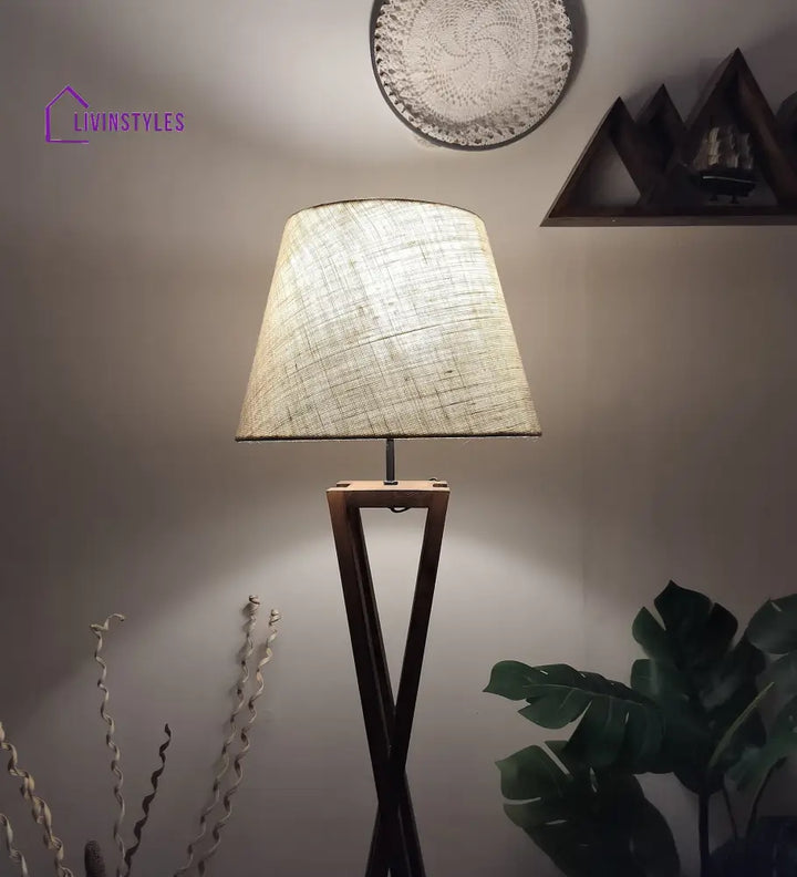 Monica Wooden Floor Lamp With Brown Base And Beige Fabric Lampshade Lamps