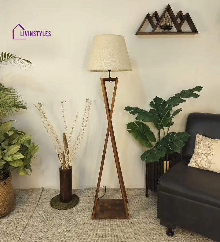 Monica Wooden Floor Lamp With Brown Base And Beige Fabric Lampshade Lamps