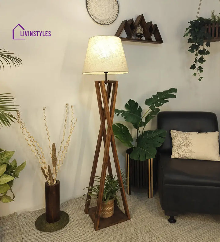 Monica Wooden Floor Lamp With Brown Base And Beige Fabric Lampshade Lamps