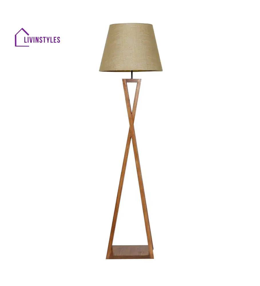 Monica Wooden Floor Lamp With Brown Base And Beige Fabric Lampshade Lamps