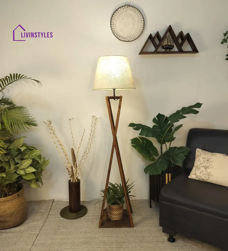 Monica Wooden Floor Lamp With Brown Base And Beige Fabric Lampshade Lamps