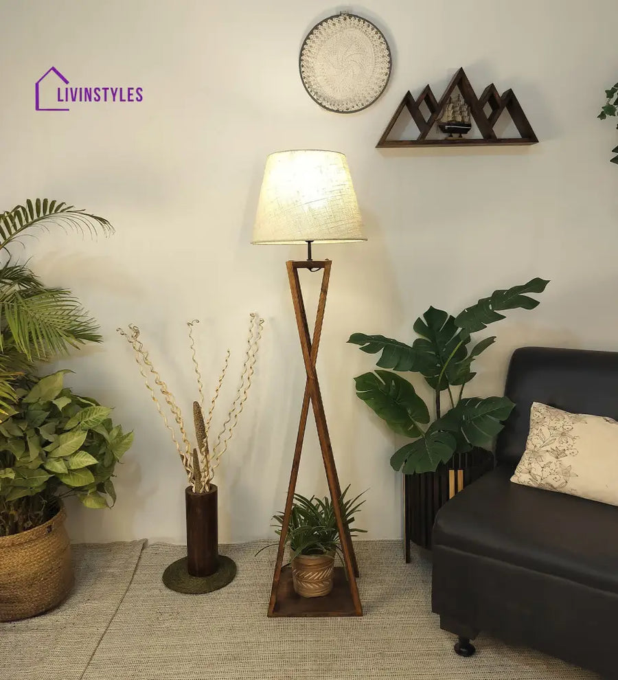 Monica Wooden Floor Lamp With Brown Base And Beige Fabric Lampshade Lamps