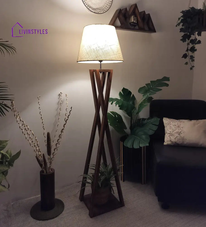 Monica Wooden Floor Lamp With Brown Base And Beige Fabric Lampshade Lamps