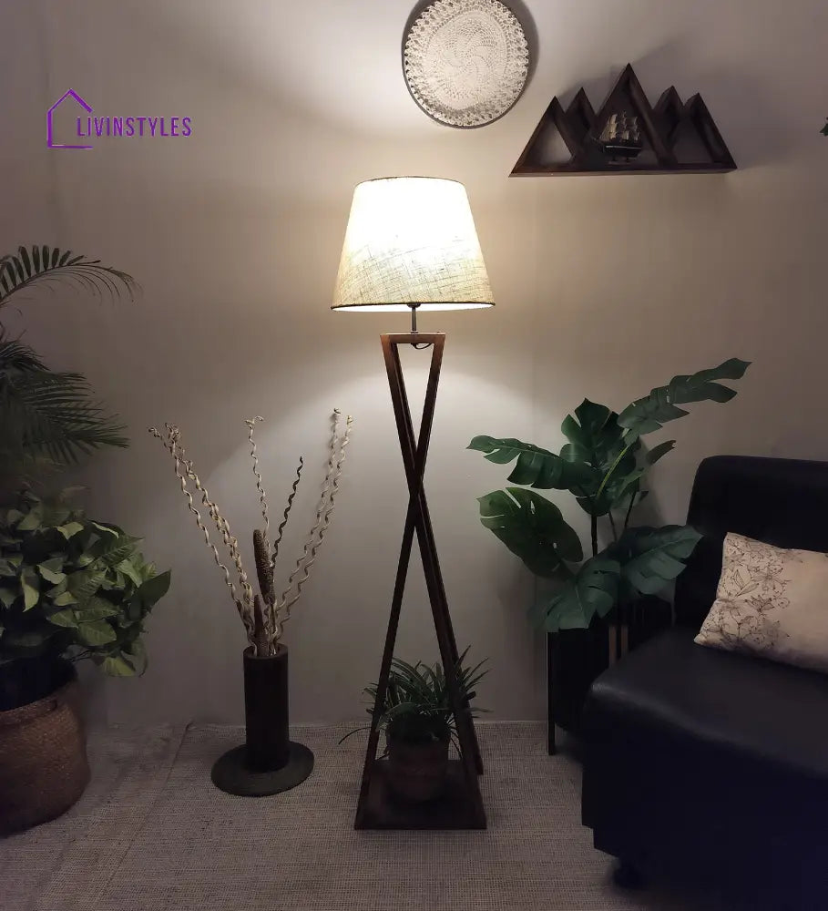Monica Wooden Floor Lamp With Brown Base And Beige Fabric Lampshade Lamps