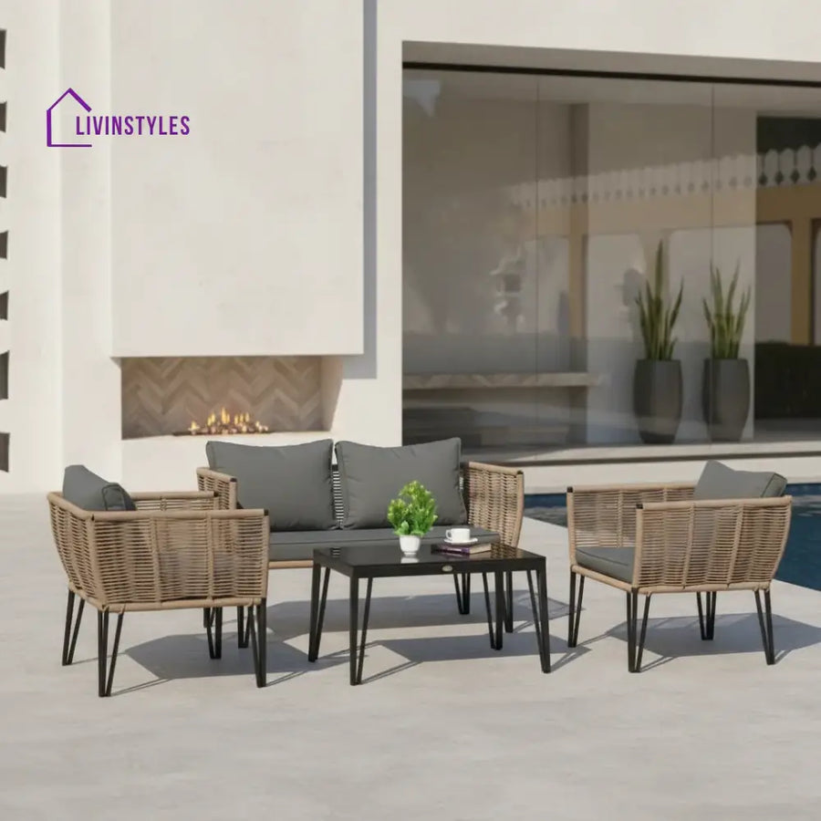 Monroe Outdoor Rope 4-Piece Patio Sofa Set with Glass Top Table (Beige & Dark Grey) - Sofa Set