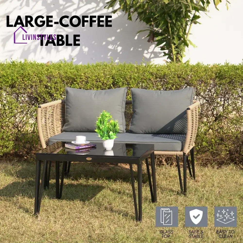 Monroe Outdoor Rope 4-Piece Patio Sofa Set with Glass Top Table (Beige & Dark Grey) - Sofa Set
